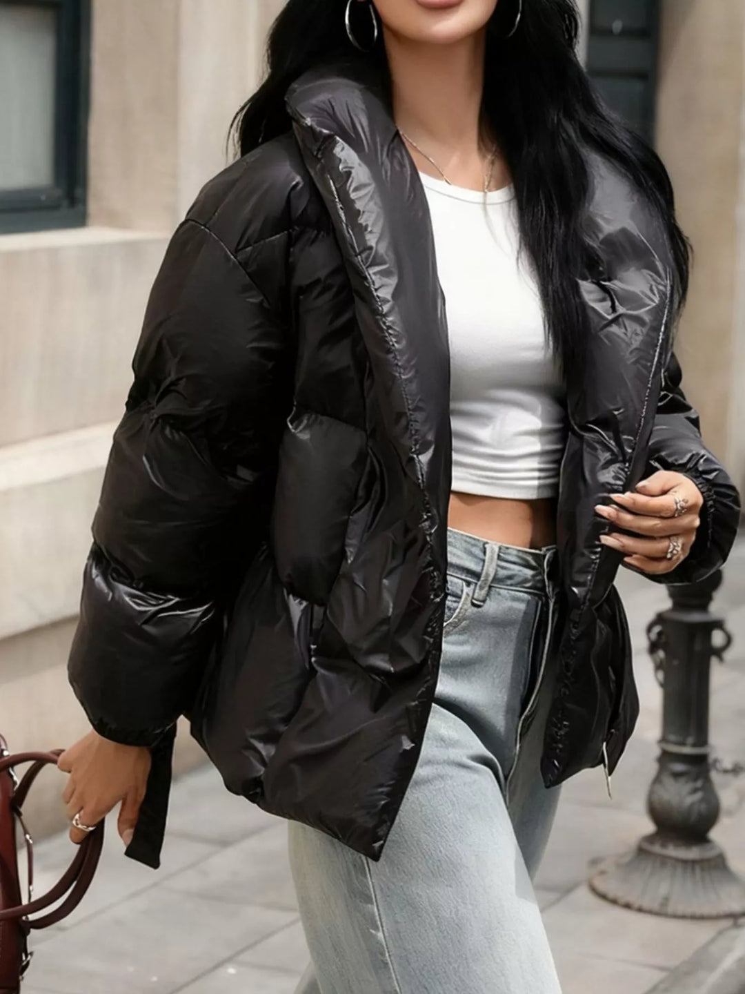 Winter Belted Puffer Jacket Women Shawl Collar Quilted Coat