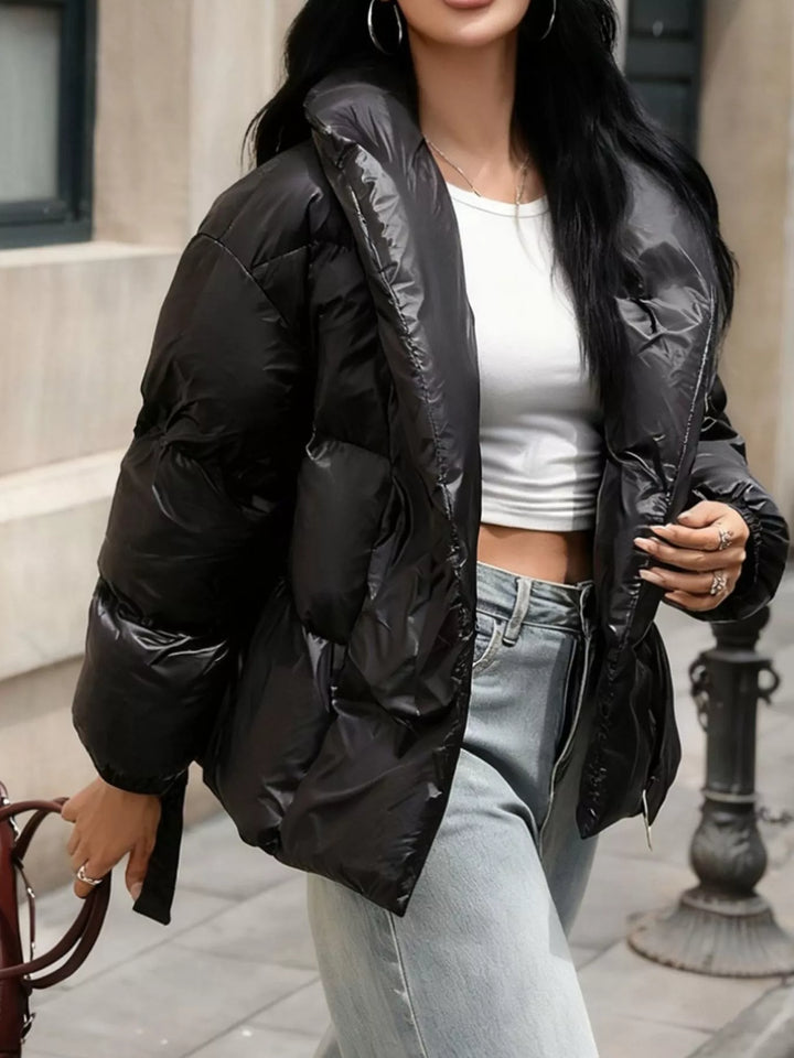 Winter Belted Puffer Jacket Women Shawl Collar Quilted Coat