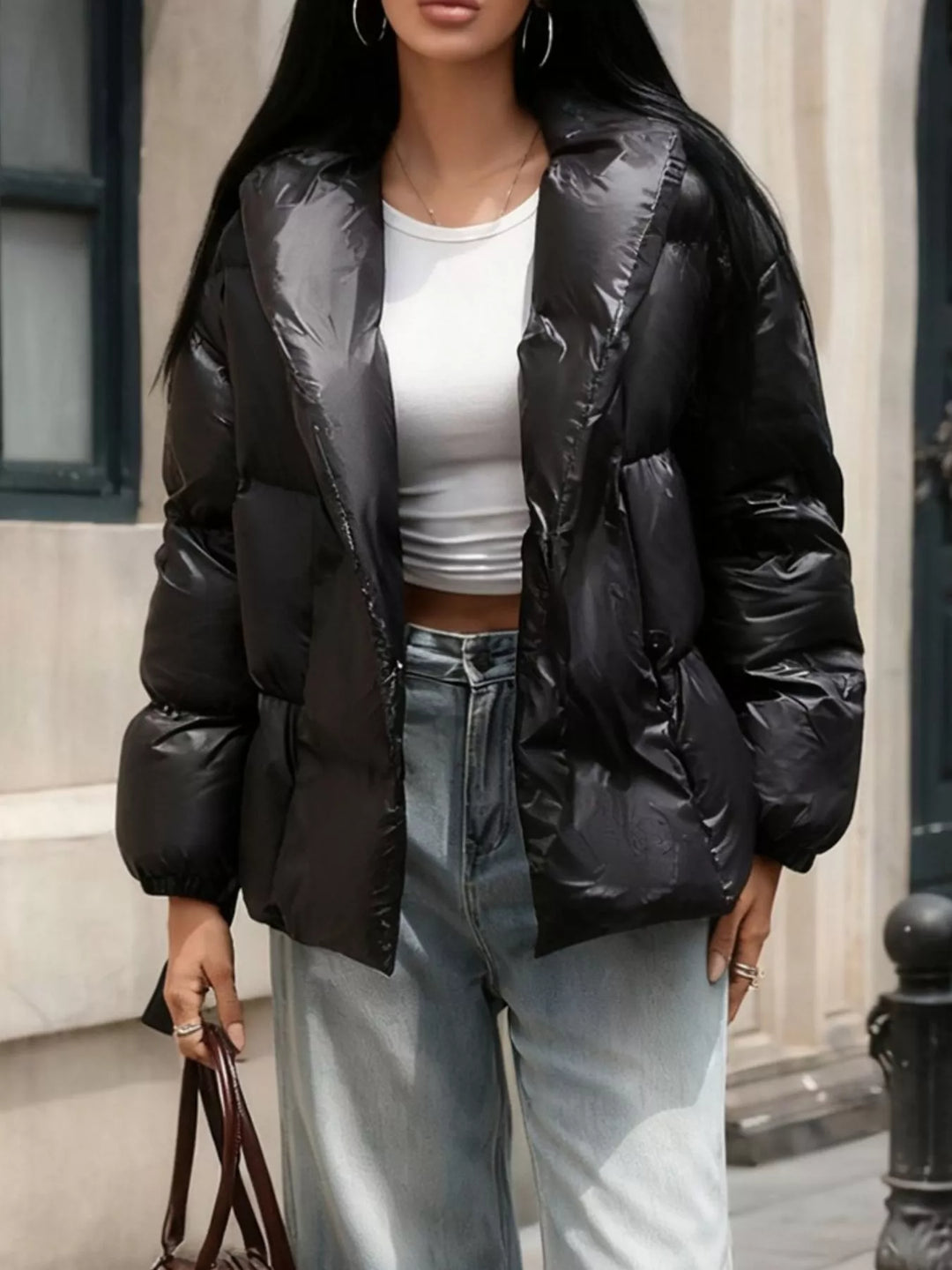 Winter Belted Puffer Jacket Women Shawl Collar Quilted Coat