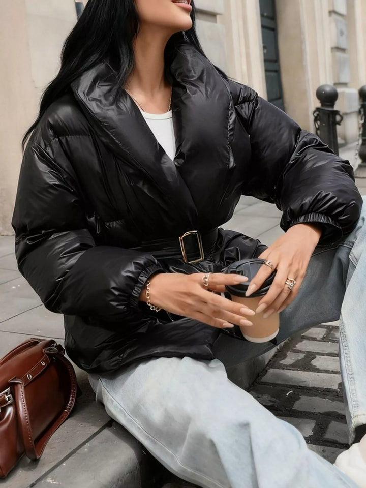 Winter Belted Puffer Jacket Women Shawl Collar Quilted Coat