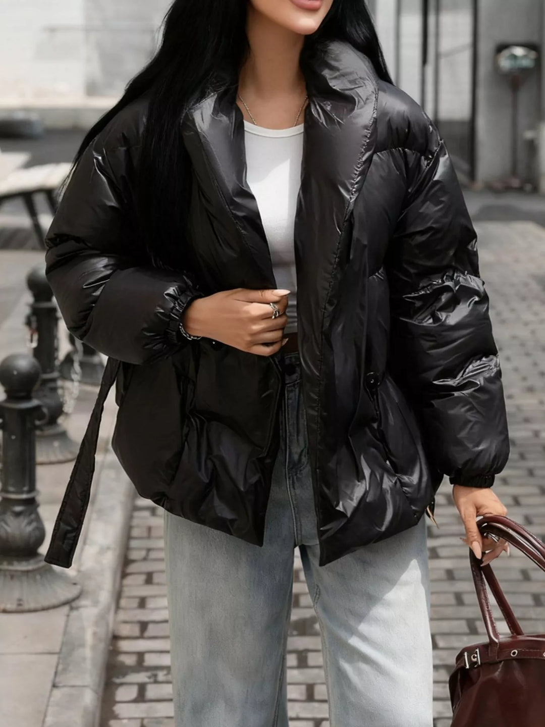 Winter Belted Puffer Jacket Women Shawl Collar Quilted Coat