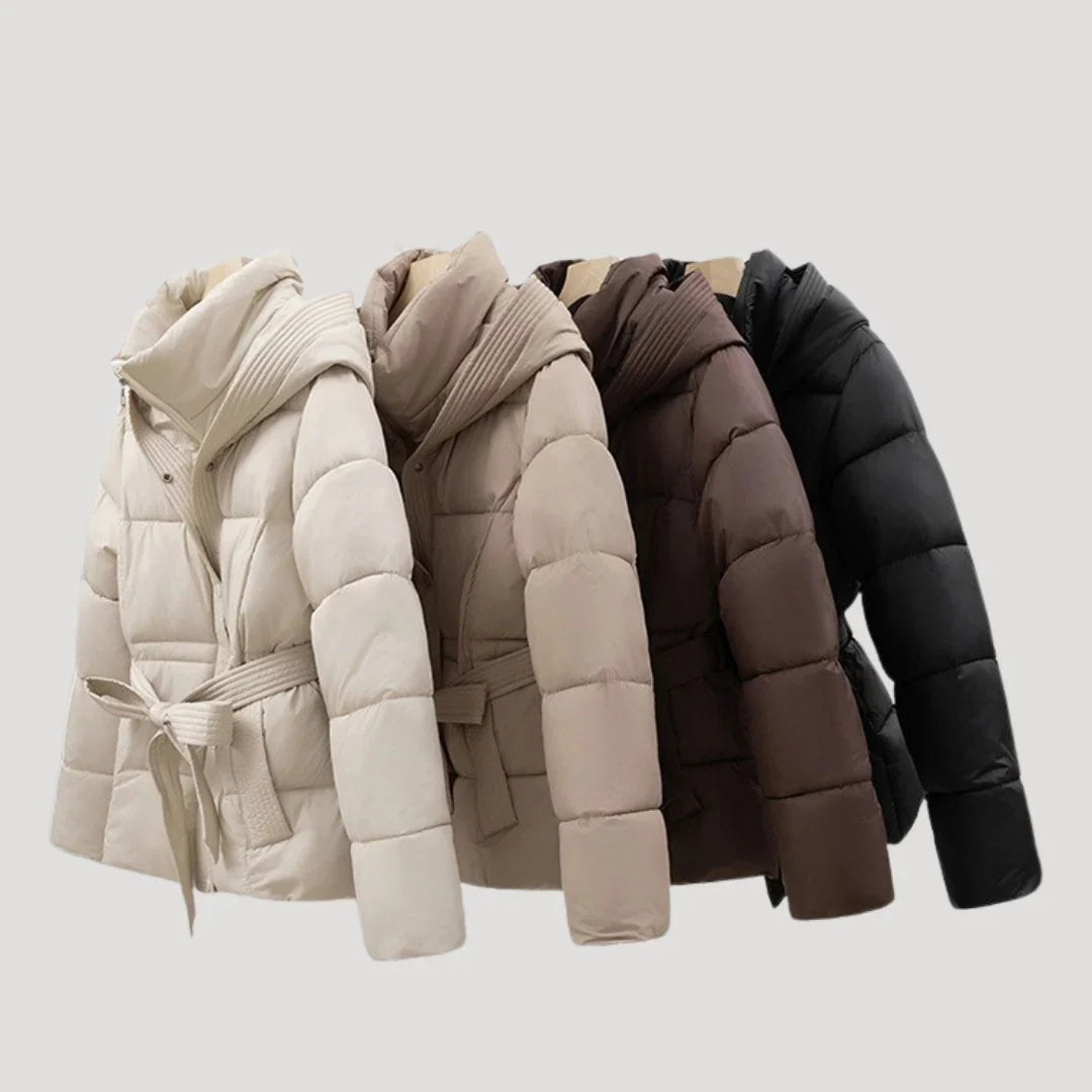 Women's Puffer Jacket | Belted Hooded Quilted
