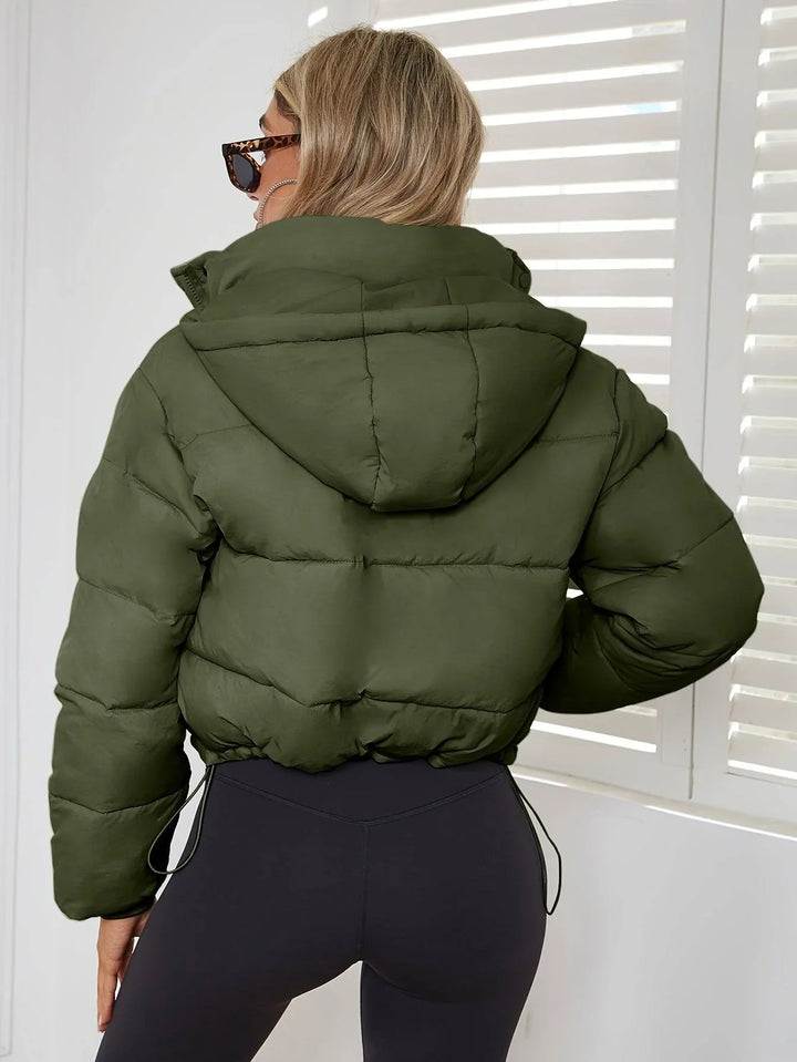 Winter Cropped Puffer Jacket Women Hooded Zip Up Quilted Coat