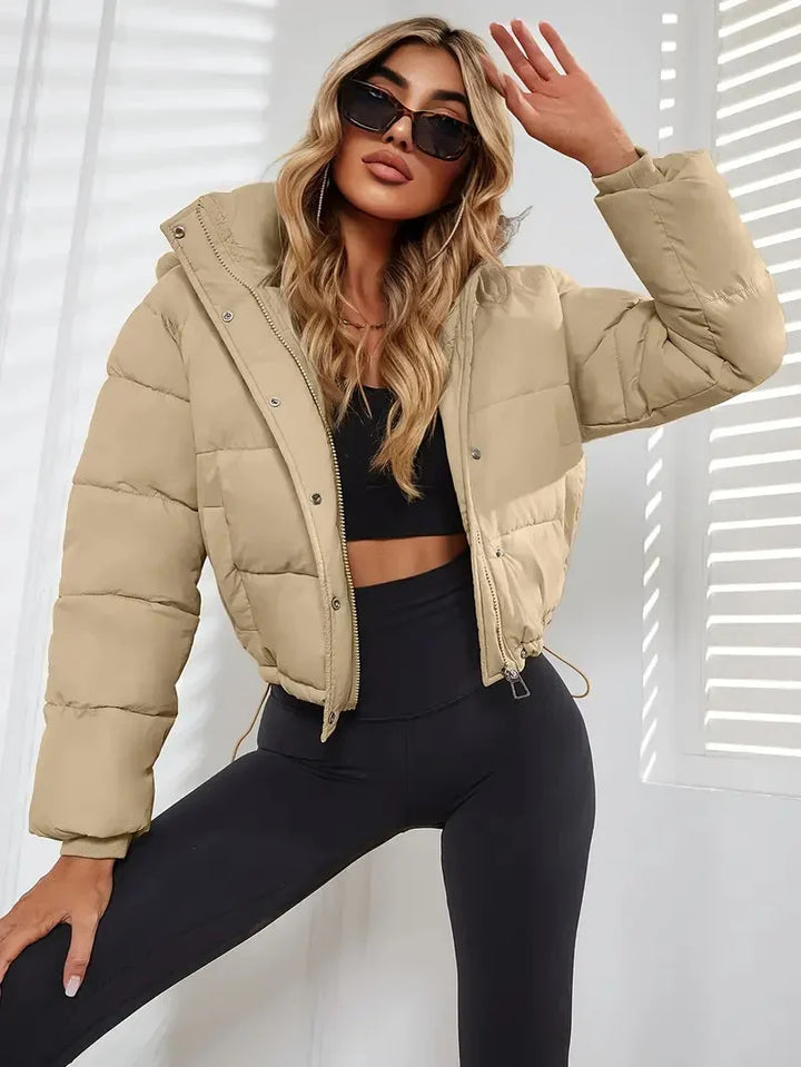 Winter Cropped Puffer Jacket Women Hooded Zip Up Quilted Coat
