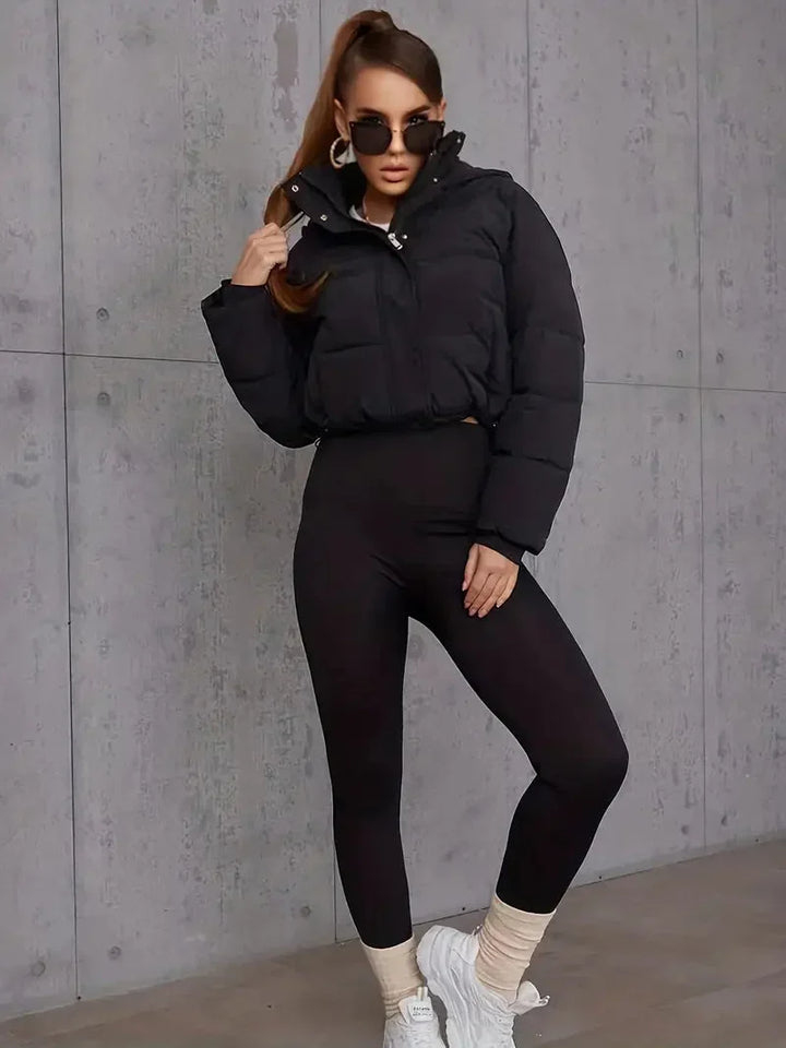 Winter Cropped Puffer Jacket Women Hooded Zip Up Quilted Coat