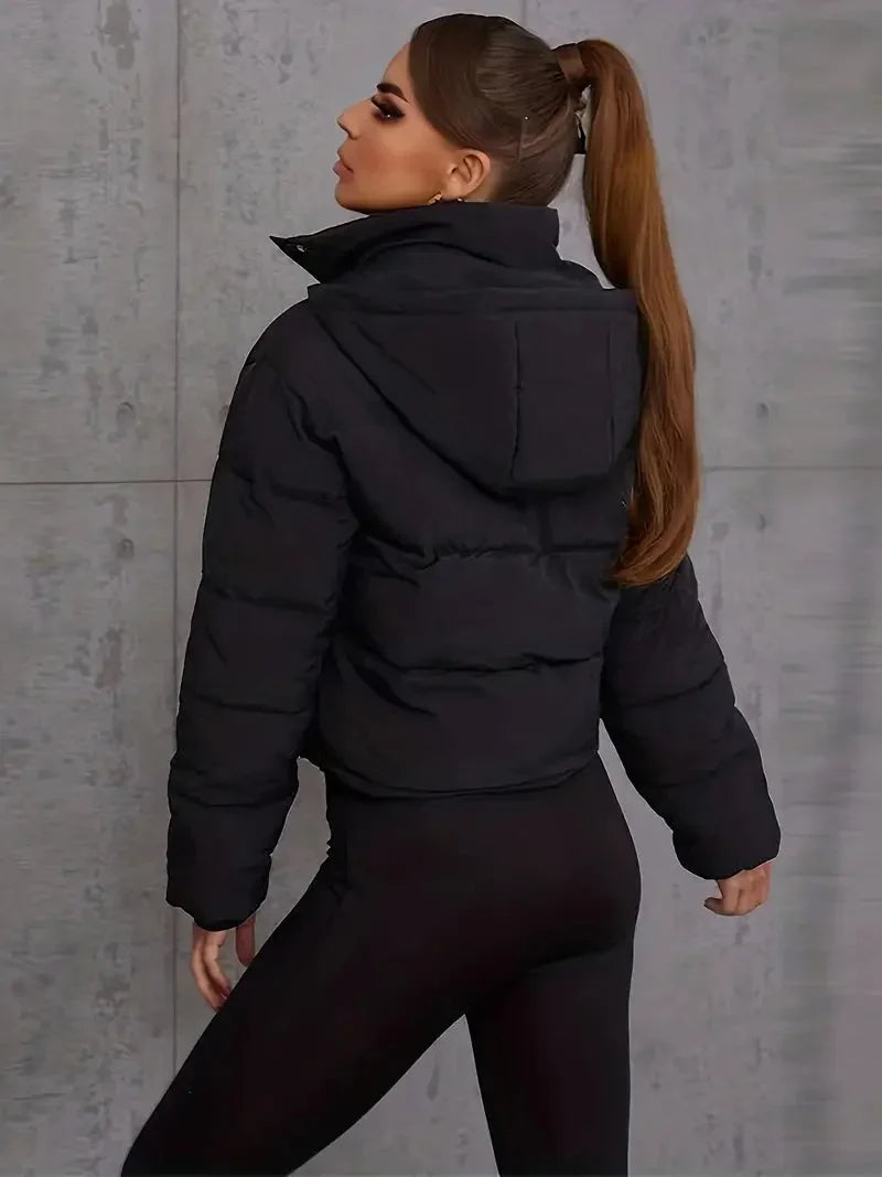 Winter Cropped Puffer Jacket Women Hooded Zip Up Quilted Coat