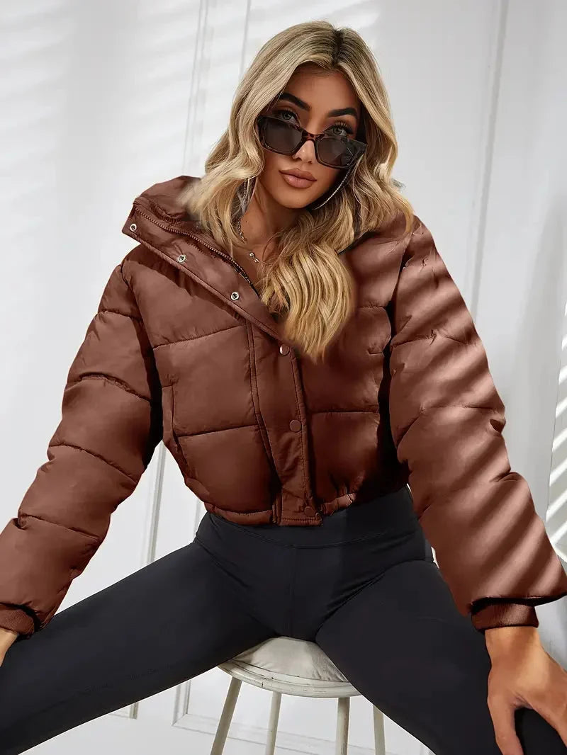 Winter Cropped Puffer Jacket Women Hooded Zip Up Quilted Coat