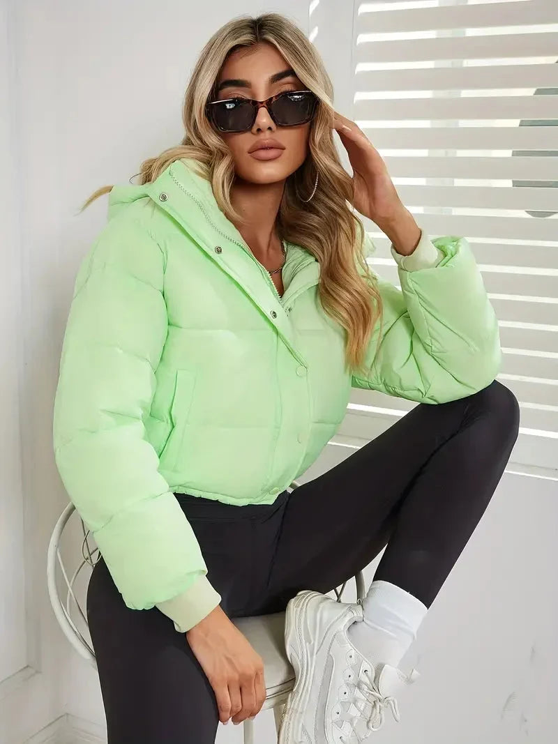 Winter Cropped Puffer Jacket Women Hooded Zip Up Quilted Coat