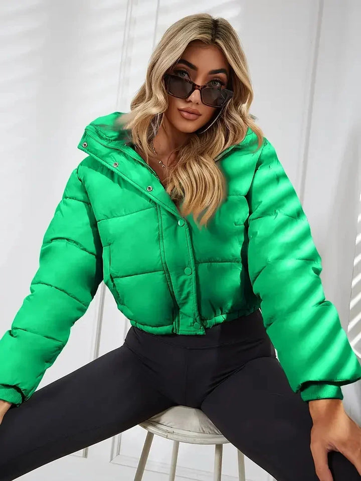 Winter Cropped Puffer Jacket Women Hooded Zip Up Quilted Coat