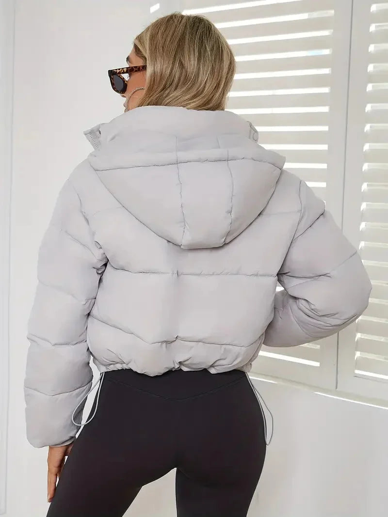 Winter Cropped Puffer Jacket Women Hooded Zip Up Quilted Coat