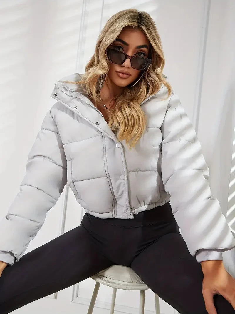 Winter Cropped Puffer Jacket Women Hooded Zip Up Quilted Coat