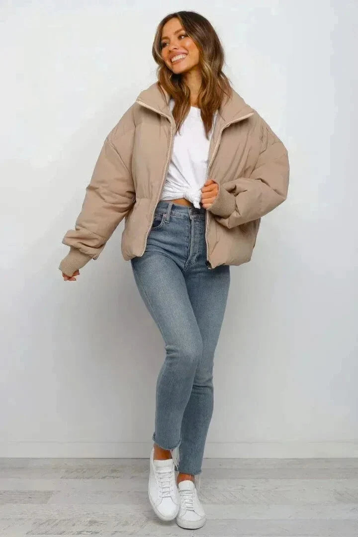 Winter Cropped Puffer Jacket Women Oversized Ribbed Cuff Coat