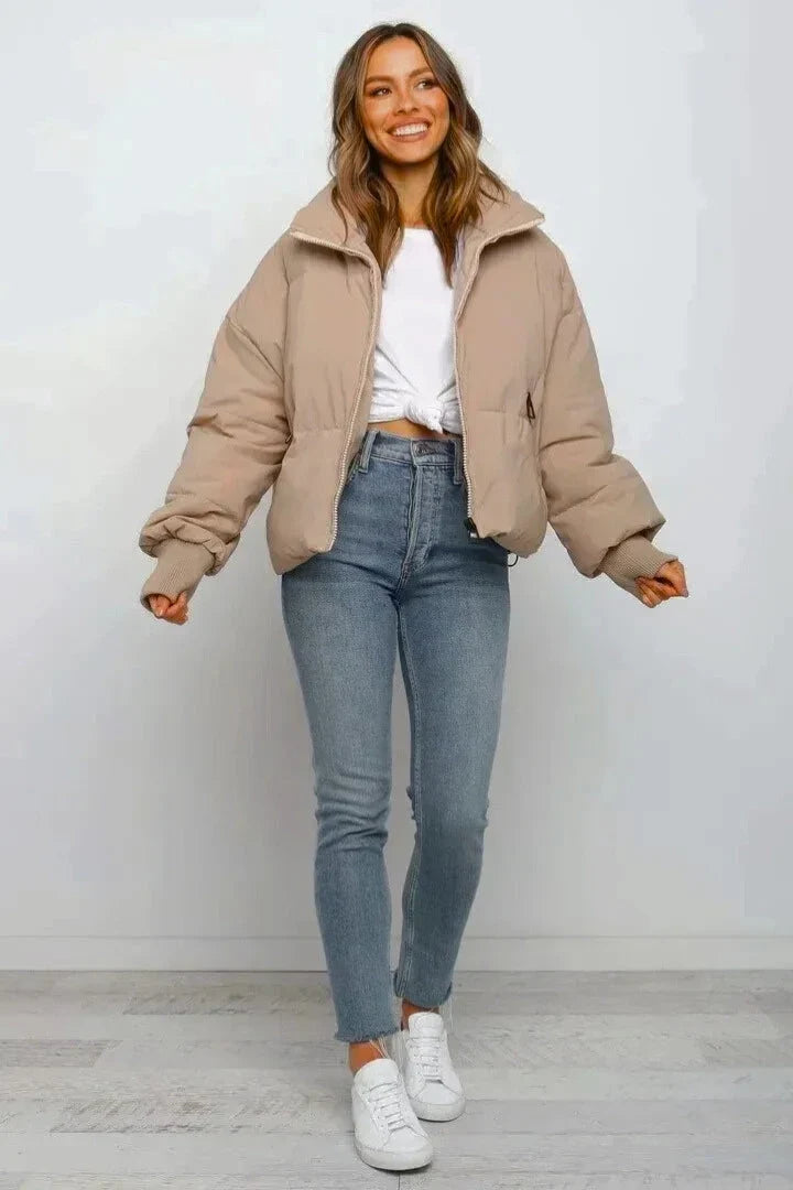 Winter Cropped Puffer Jacket Women Oversized Ribbed Cuff Coat