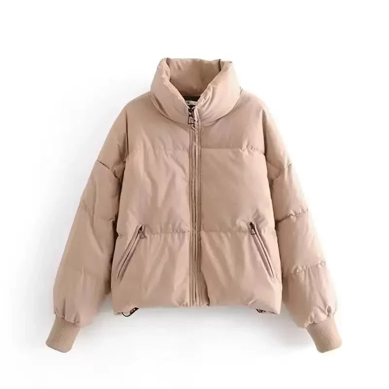 Winter Cropped Puffer Jacket Women Oversized Ribbed Cuff Coat