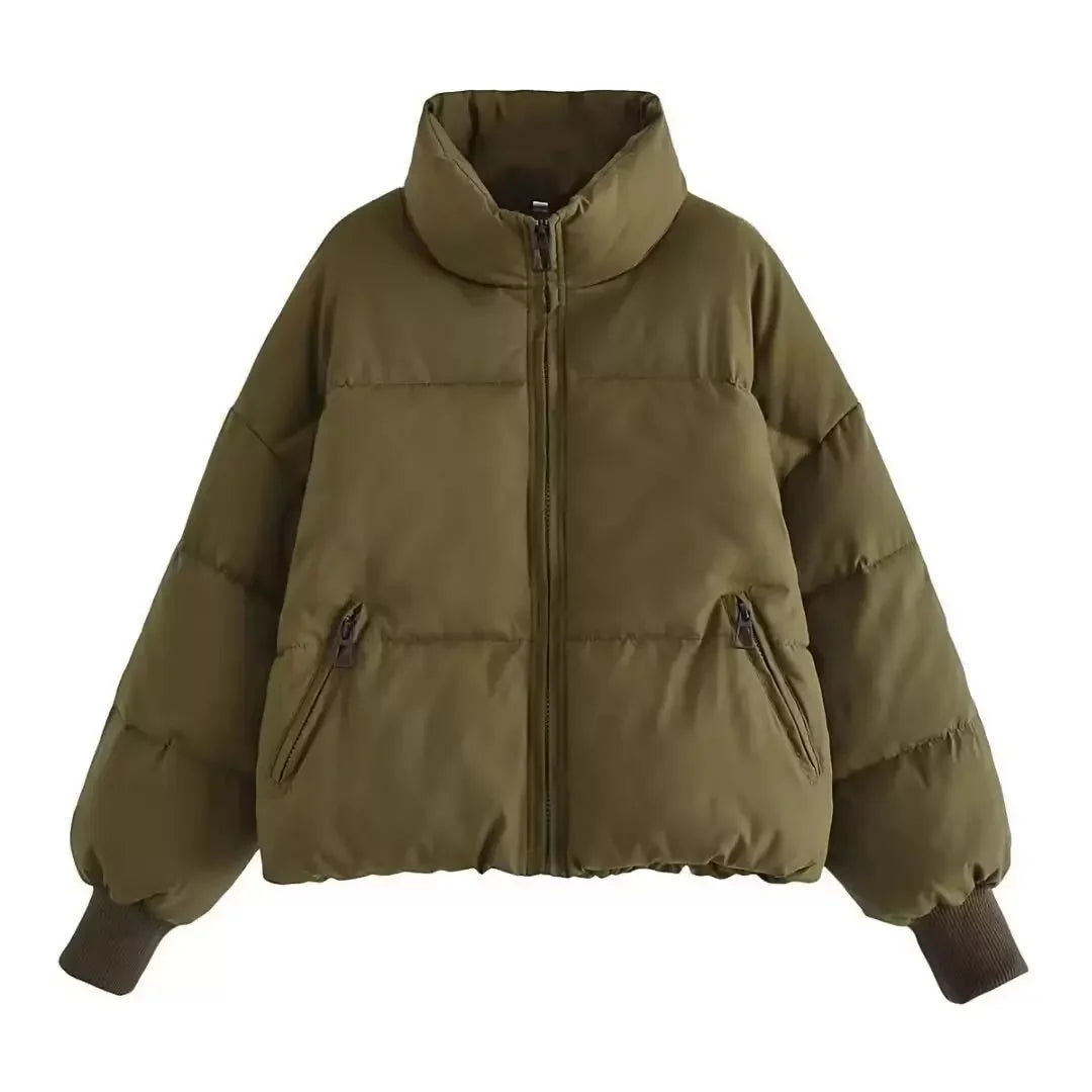 Winter Cropped Puffer Jacket Women Oversized Ribbed Cuff Coat