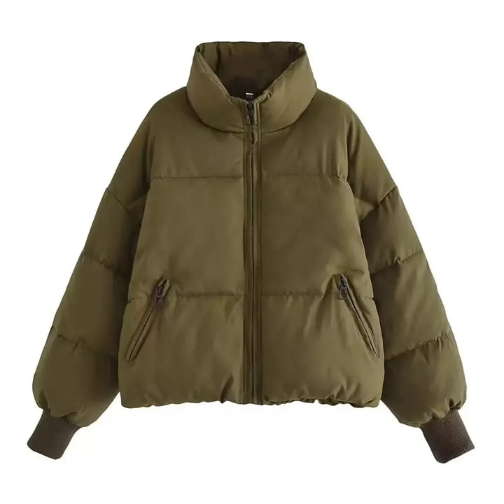 Winter Cropped Puffer Jacket Women Oversized Ribbed Cuff Coat