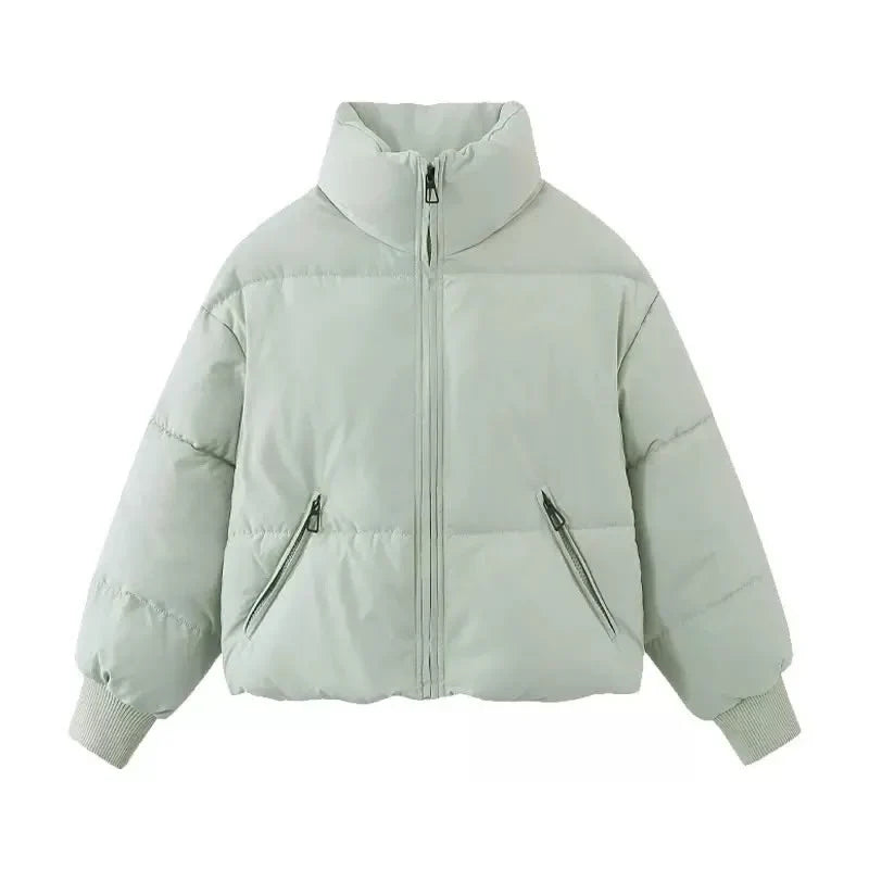 Winter Cropped Puffer Jacket Women Oversized Ribbed Cuff Coat