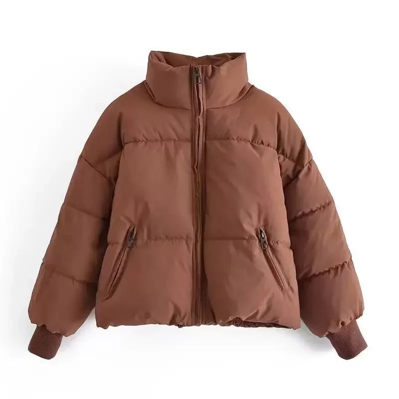 Winter Cropped Puffer Jacket Women Oversized Ribbed Cuff Coat