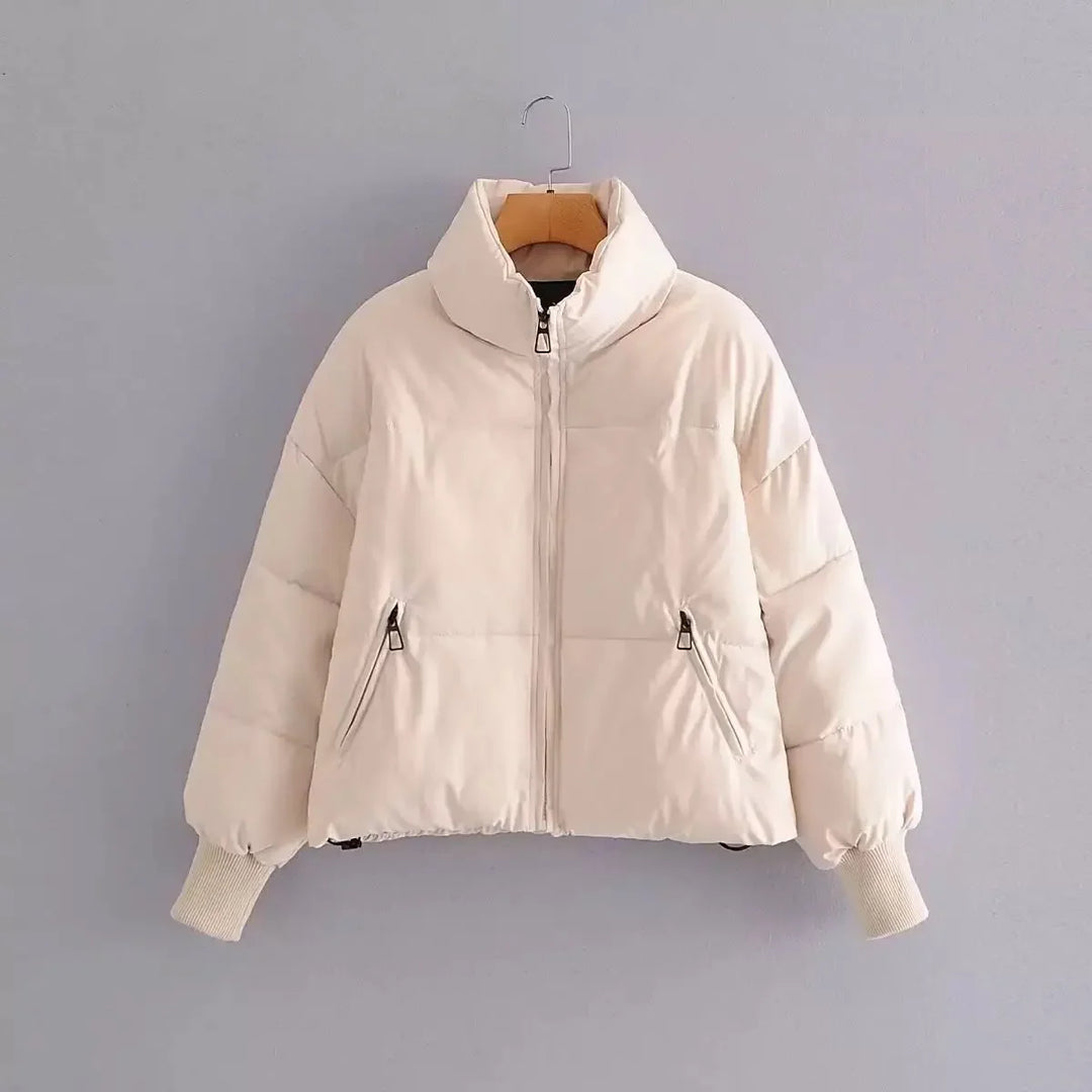 Winter Cropped Puffer Jacket Women Oversized Ribbed Cuff Coat