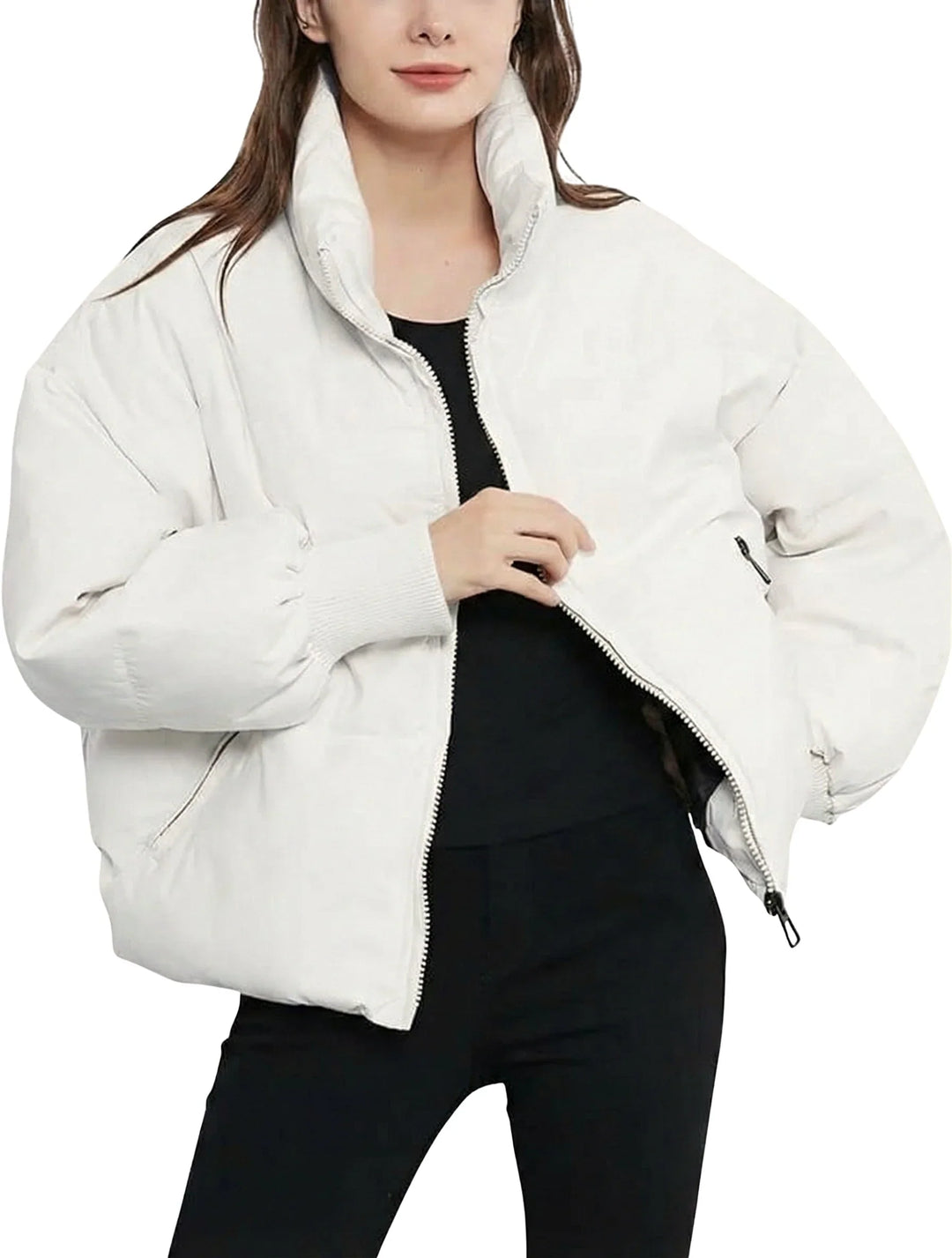 Winter Cropped Puffer Jacket Women Oversized Ribbed Cuff Coat