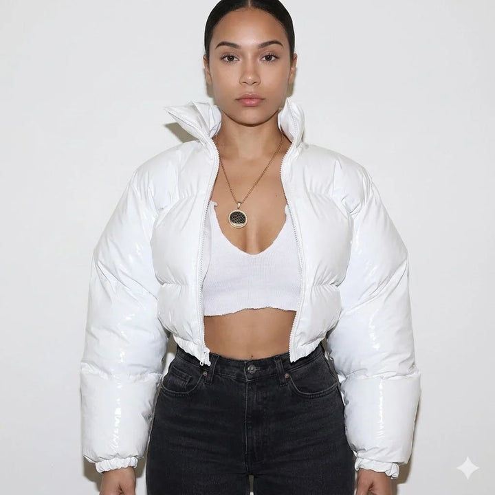 Winter Cropped Puffer Jacket Women Glossy Zip Up Stand Collar
