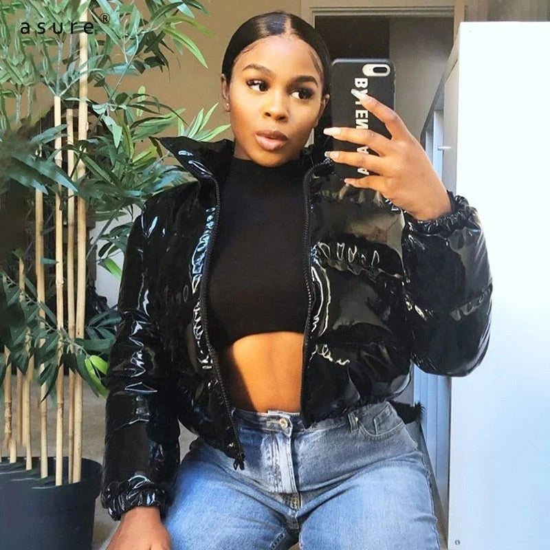 Winter Cropped Puffer Jacket Women Glossy Zip Up Stand Collar