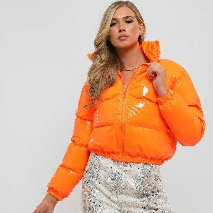 Winter Cropped Puffer Jacket Women Glossy Zip Up Stand Collar