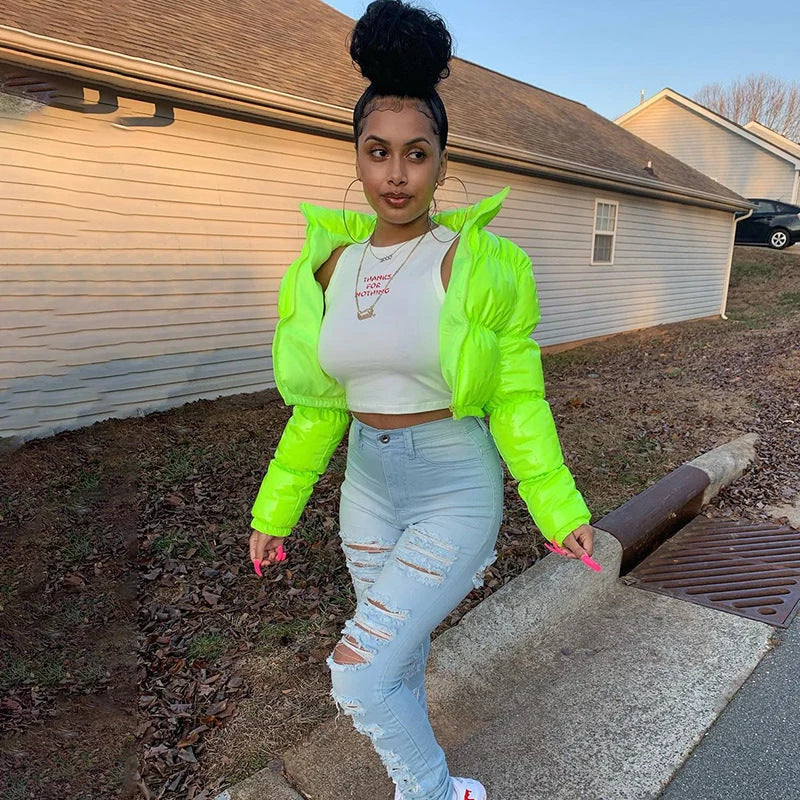 Winter Cropped Puffer Jacket Women Glossy Zip Up Stand Collar