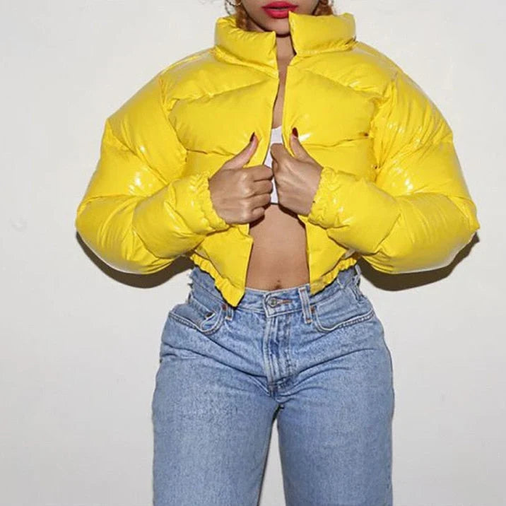 Winter Cropped Puffer Jacket Women Glossy Zip Up Stand Collar
