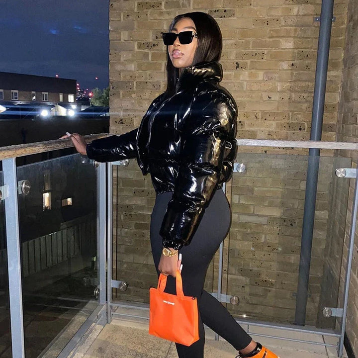 Winter Cropped Puffer Jacket Women Glossy Zip Up Stand Collar