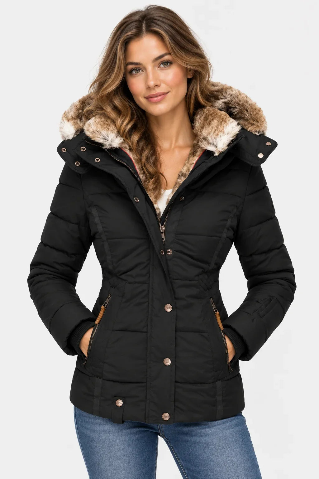 Women's Puffer Jacket | Faux Fur Hood Quilted Zip Front