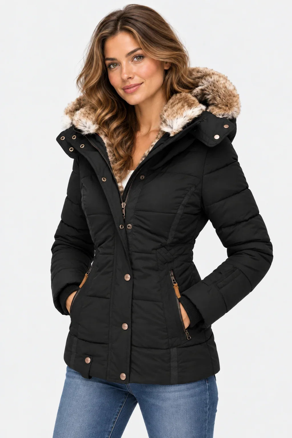Women's Puffer Jacket | Faux Fur Hood Quilted Zip Front