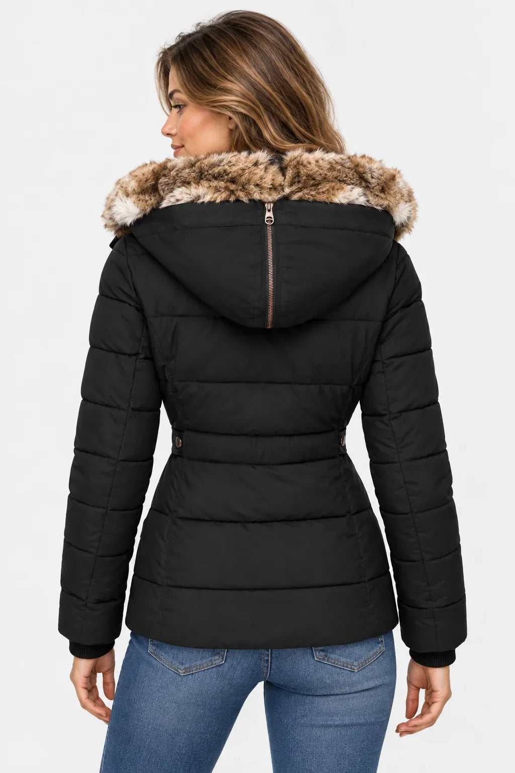 Women's Puffer Jacket | Faux Fur Hood Quilted Zip Front