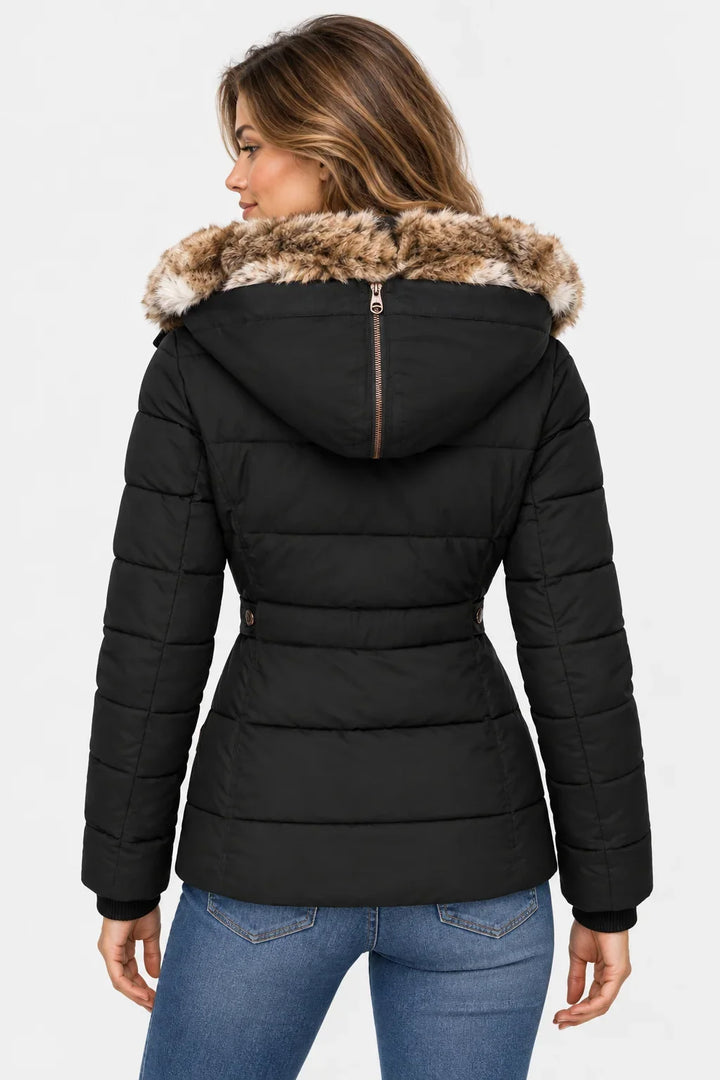 Women's Puffer Jacket | Faux Fur Hood Quilted Zip Front