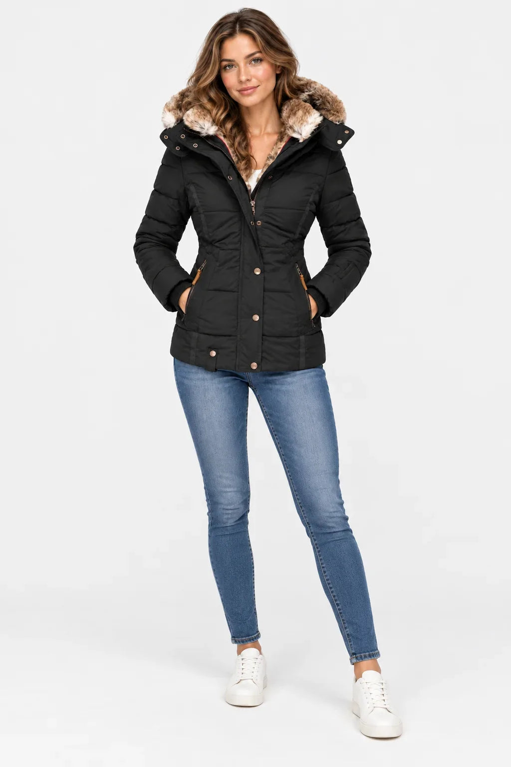 Women's Puffer Jacket | Faux Fur Hood Quilted Zip Front