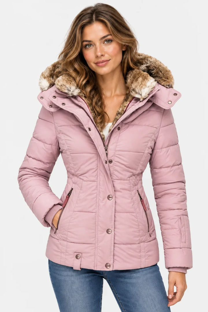 Women's Puffer Jacket | Faux Fur Hood Quilted Zip Front