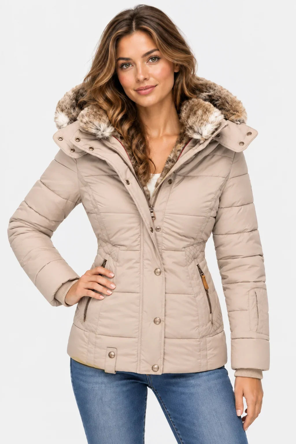 Women's Puffer Jacket | Faux Fur Hood Quilted Zip Front