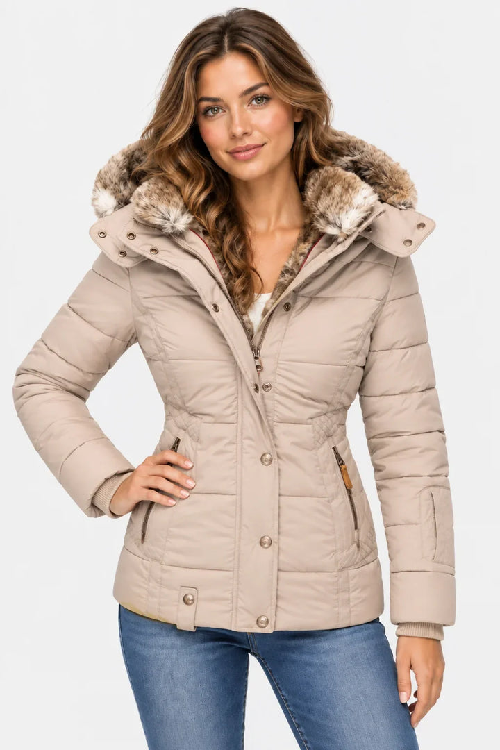 Women's Puffer Jacket | Faux Fur Hood Quilted Zip Front