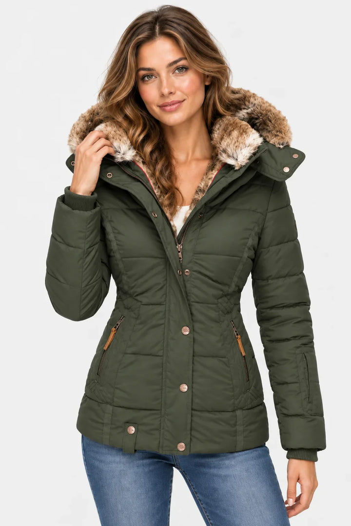 Women's Puffer Jacket | Faux Fur Hood Quilted Zip Front