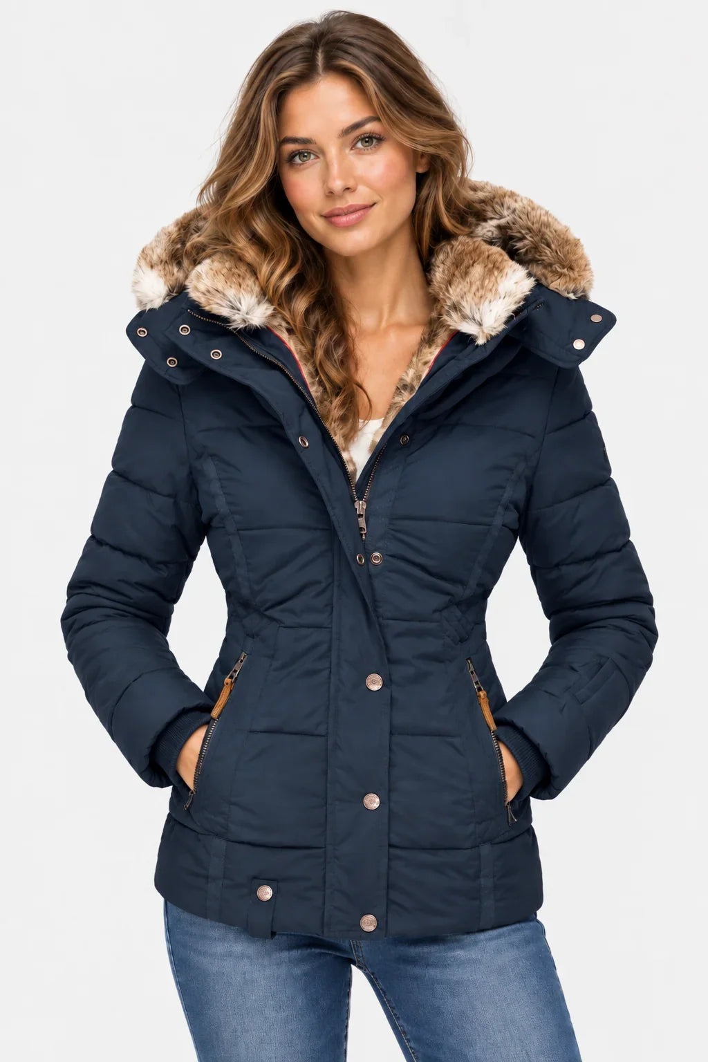 Women's Puffer Jacket | Faux Fur Hood Quilted Zip Front