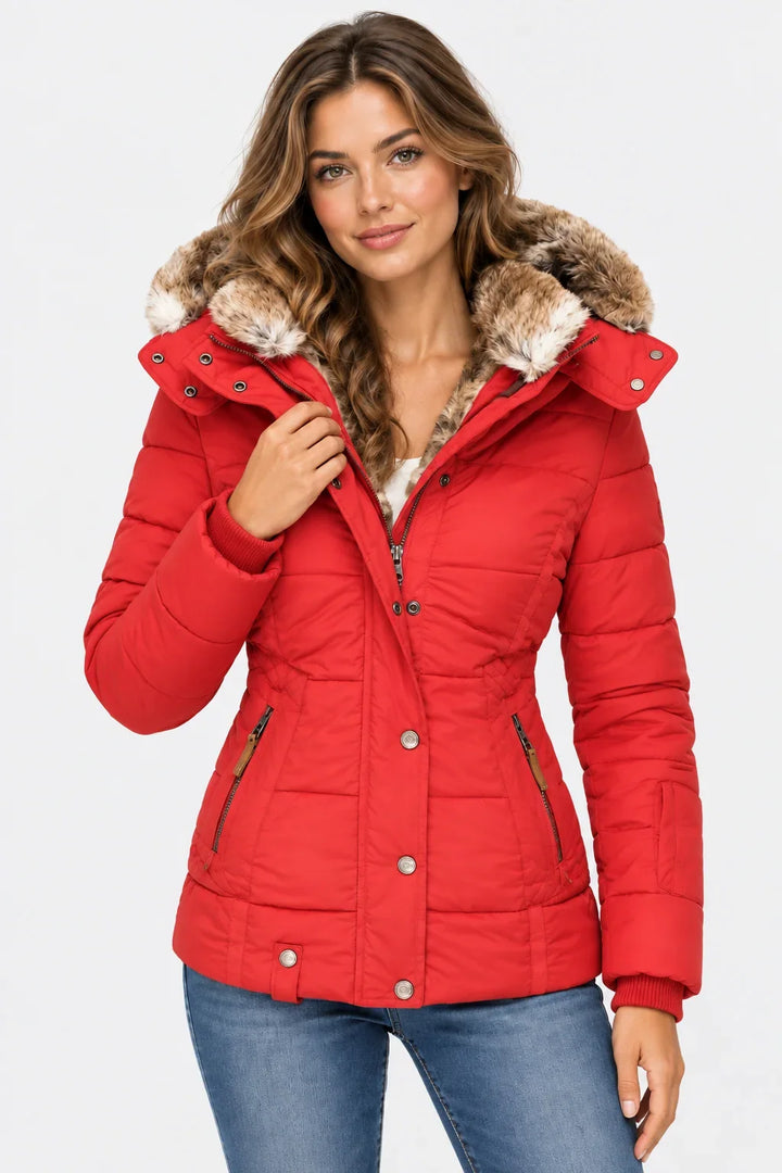 Women's Puffer Jacket | Faux Fur Hood Quilted Zip Front