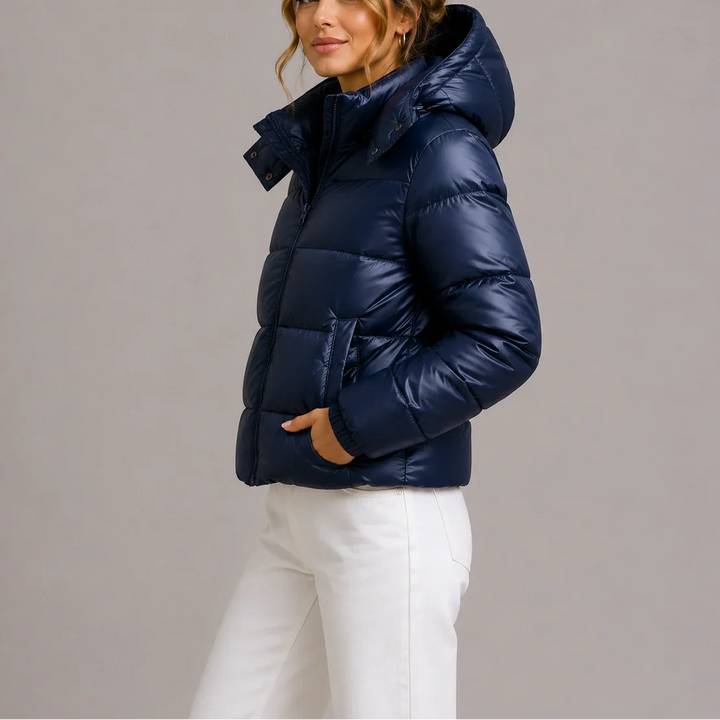 Winter Hooded Puffer Jacket Women Glossy Insulated Zip Coat