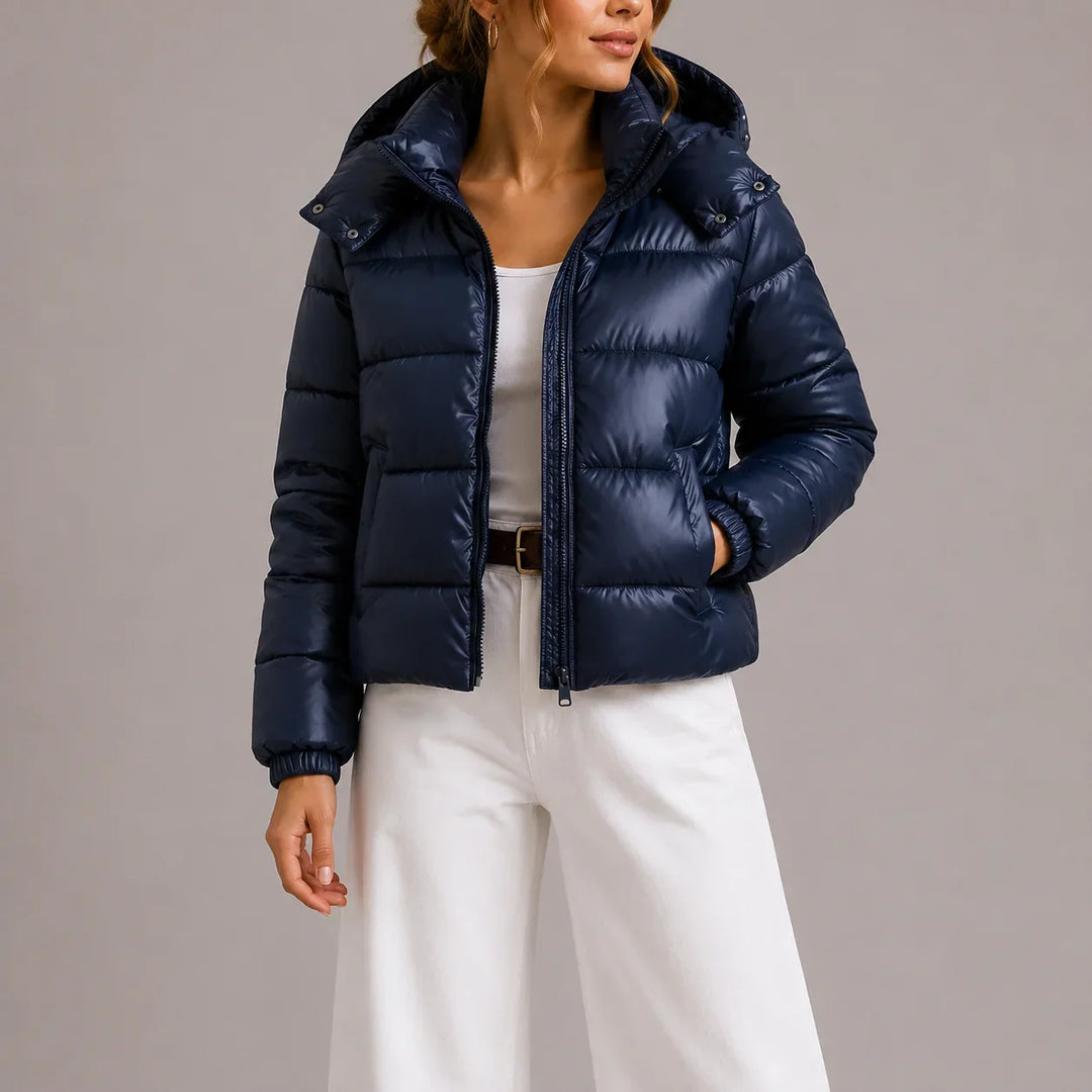 Winter Hooded Puffer Jacket Women Glossy Insulated Zip Coat