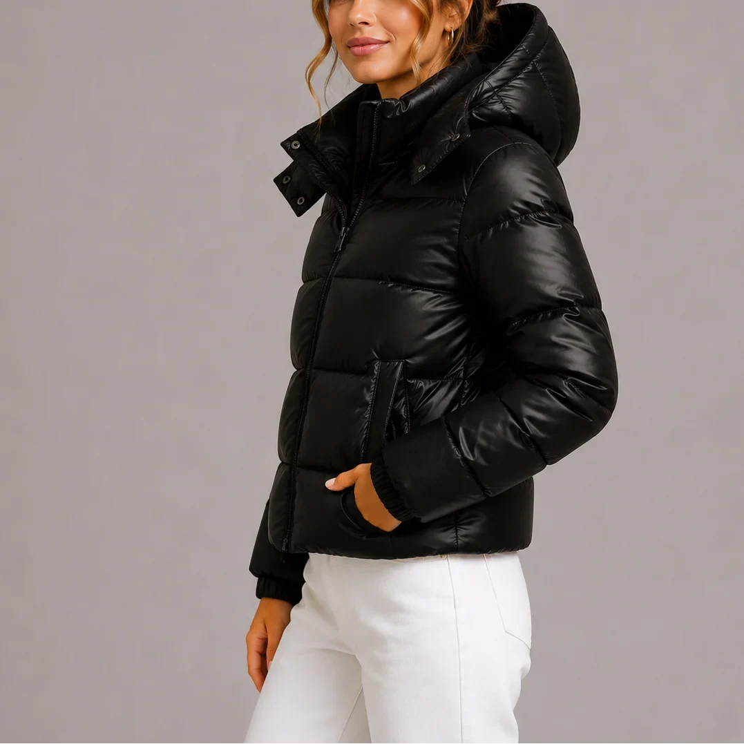 Winter Hooded Puffer Jacket Women Glossy Insulated Zip Coat