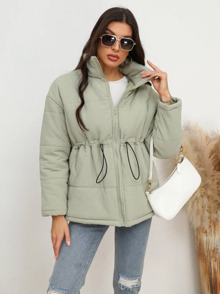 Winter Light Green Puffer Jacket Women Drawstring Waist Quilted
