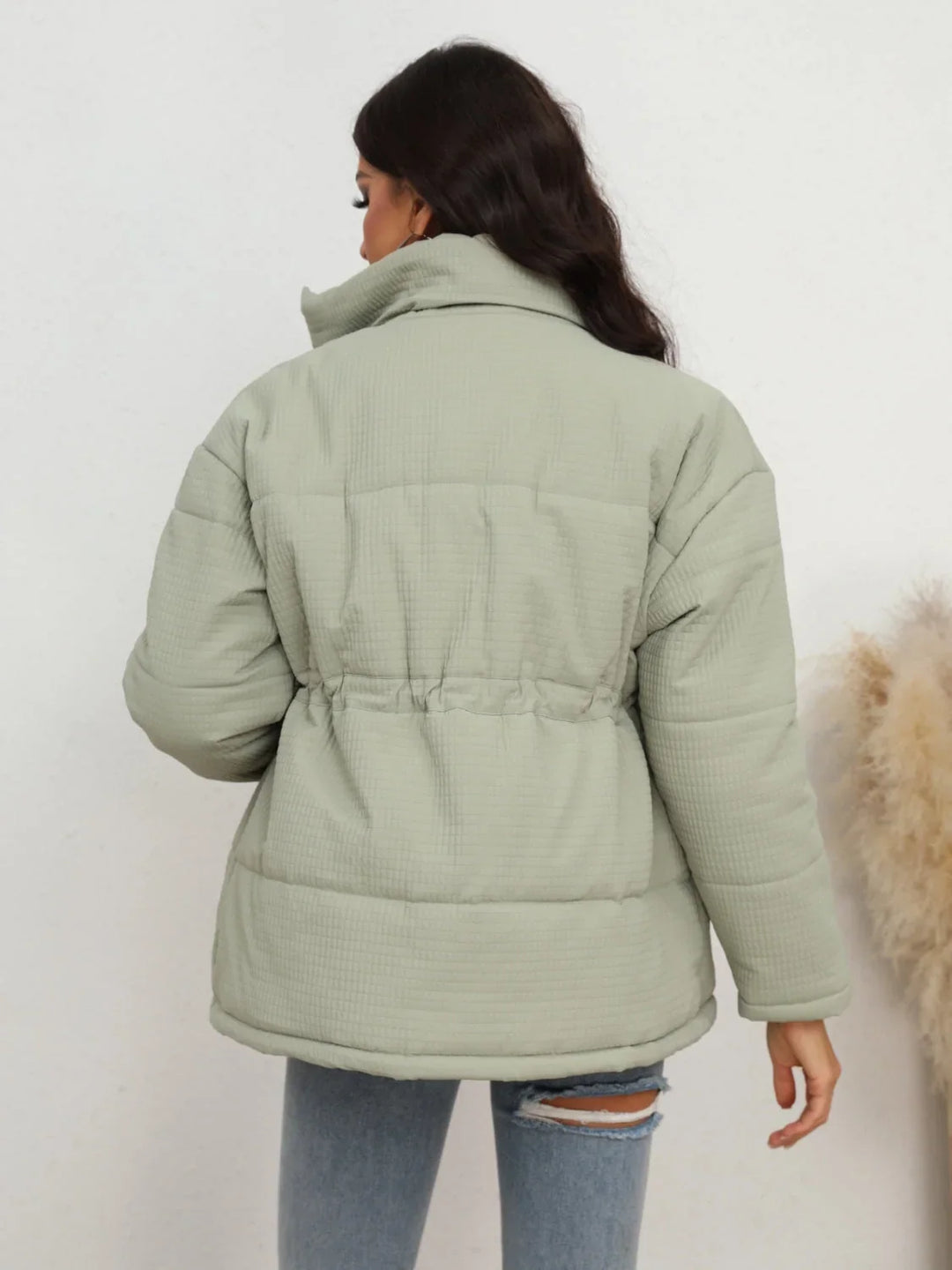 Winter Light Green Puffer Jacket Women Drawstring Waist Quilted
