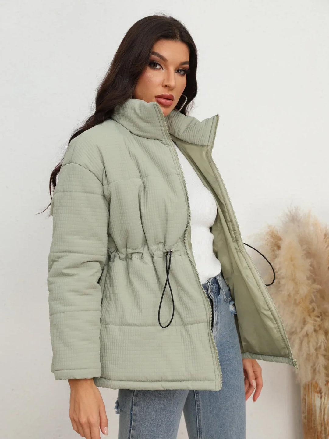 Winter Light Green Puffer Jacket Women Drawstring Waist Quilted