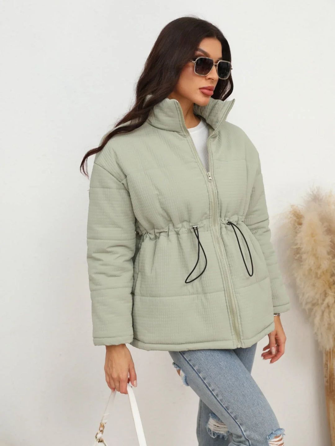 Winter Light Green Puffer Jacket Women Drawstring Waist Quilted