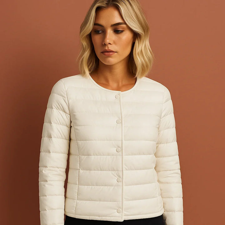 Winter Lightweight Puffer Jacket Women Button Front Round Neck