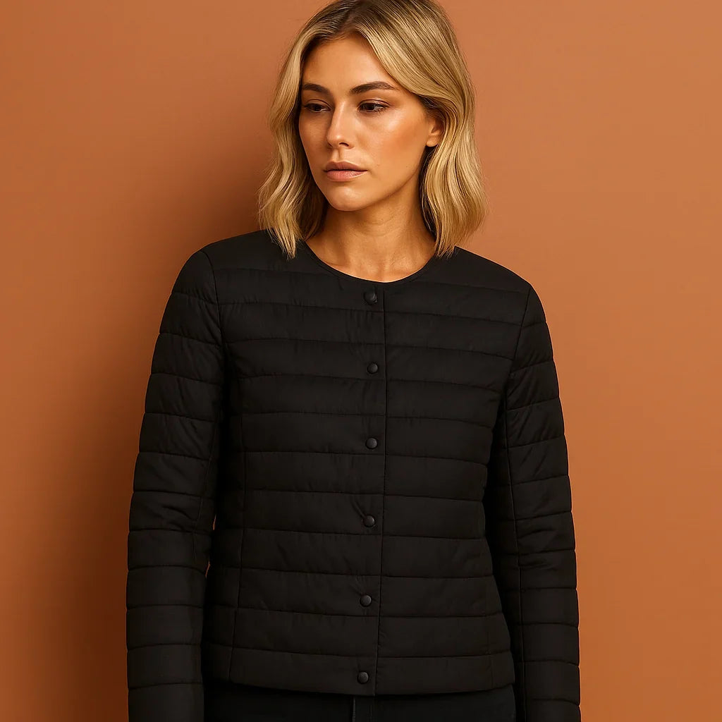 Winter Lightweight Puffer Jacket Women Button Front Round Neck